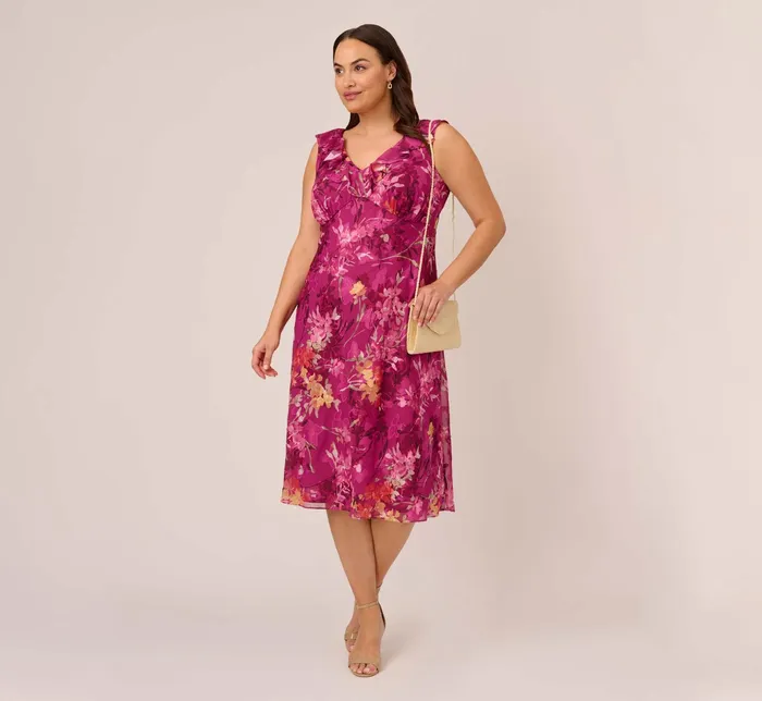 Adrianna Papell Plus Size Metallic Floral Chiffon Midi Dress With Ruffled Neckline In Raspberry Multi Raspberry Multi Women Floral Dresses Adrianna Papell Plus Size Metallic Floral Chiffon Midi Dress With Ruffled Neckline In Raspberry Multi Raspberry Multi Women Floral Dresses