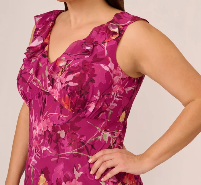 Adrianna Papell Plus Size Metallic Floral Chiffon Midi Dress With Ruffled Neckline In Raspberry Multi Raspberry Multi Women Floral Dresses Adrianna Papell Plus Size Metallic Floral Chiffon Midi Dress With Ruffled Neckline In Raspberry Multi Raspberry Multi Women Floral Dresses
