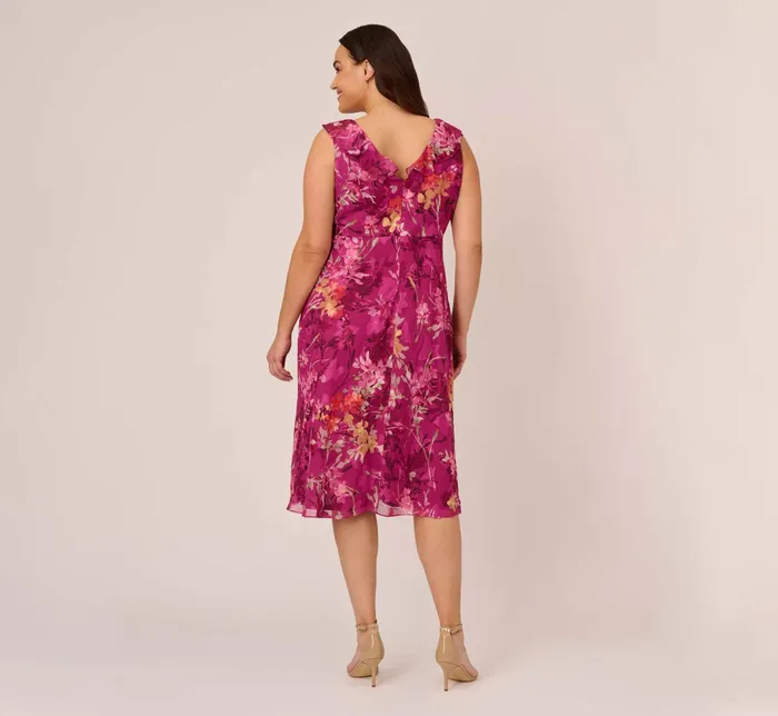 Adrianna Papell Plus Size Metallic Floral Chiffon Midi Dress With Ruffled Neckline In Raspberry Multi Raspberry Multi Women Floral Dresses Adrianna Papell Plus Size Metallic Floral Chiffon Midi Dress With Ruffled Neckline In Raspberry Multi Raspberry Multi Women Floral Dresses