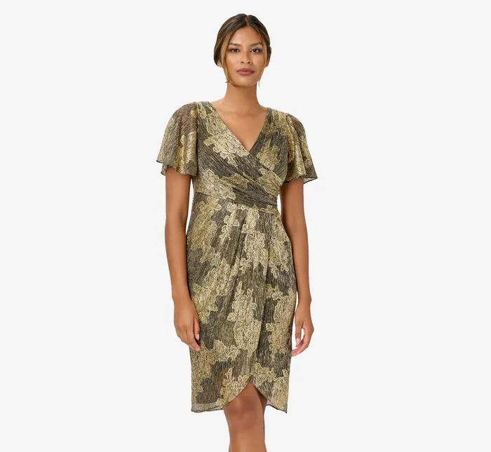 Adrianna Papell Plus Size Metallic Foil Crinkled Mesh MidiLength Wrap Dress In Rose Gold Black Rose GoldBlack Women Short Dresses Adrianna Papell Plus Size Metallic Foil Crinkled Mesh MidiLength Wrap Dress In Rose Gold Black Rose GoldBlack Women Short Dresses