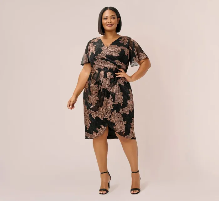 Adrianna Papell Plus Size Metallic Foil Crinkled Mesh MidiLength Wrap Dress In Rose Gold Black Rose GoldBlack Women Short Dresses Adrianna Papell Plus Size Metallic Foil Crinkled Mesh MidiLength Wrap Dress In Rose Gold Black Rose GoldBlack Women Short Dresses