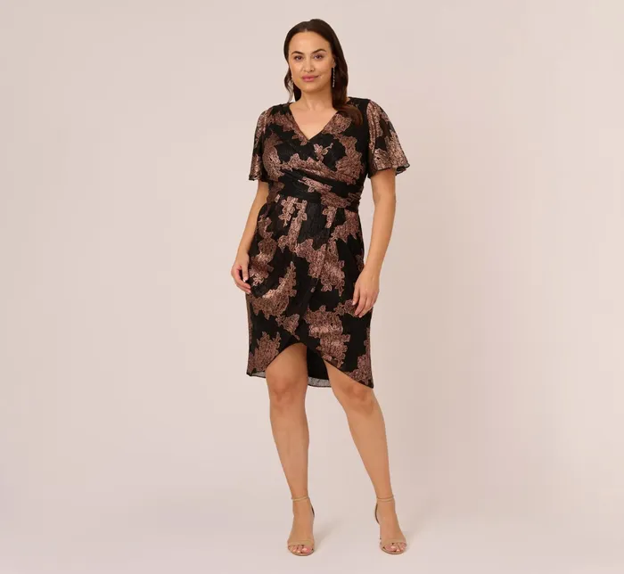 Adrianna Papell Plus Size Metallic Foil Crinkled Mesh MidiLength Wrap Dress In Rose Gold Black Rose GoldBlack Women Short Dresses Adrianna Papell Plus Size Metallic Foil Crinkled Mesh MidiLength Wrap Dress In Rose Gold Black Rose GoldBlack Women Short Dresses