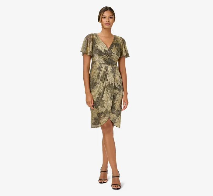 Adrianna Papell Plus Size Metallic Foil Crinkled Mesh MidiLength Wrap Dress In Rose Gold Black Rose GoldBlack Women Short Dresses Adrianna Papell Plus Size Metallic Foil Crinkled Mesh MidiLength Wrap Dress In Rose Gold Black Rose GoldBlack Women Short Dresses