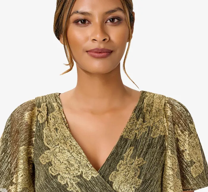 Adrianna Papell Plus Size Metallic Foil Crinkled Mesh MidiLength Wrap Dress In Rose Gold Black Rose GoldBlack Women Short Dresses Adrianna Papell Plus Size Metallic Foil Crinkled Mesh MidiLength Wrap Dress In Rose Gold Black Rose GoldBlack Women Short Dresses