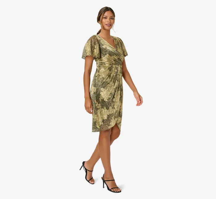 Adrianna Papell Plus Size Metallic Foil Crinkled Mesh MidiLength Wrap Dress In Rose Gold Black Rose GoldBlack Women Short Dresses Adrianna Papell Plus Size Metallic Foil Crinkled Mesh MidiLength Wrap Dress In Rose Gold Black Rose GoldBlack Women Short Dresses