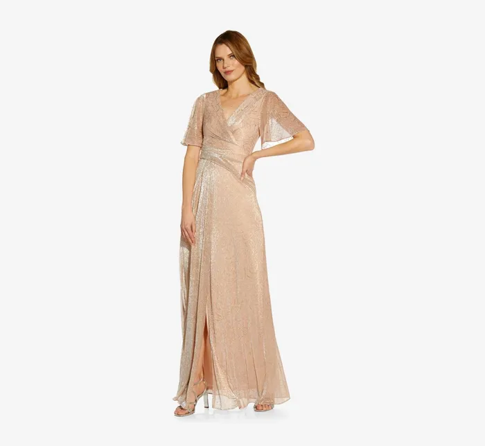Adrianna Papell Plus Size Metallic Mesh Draped Gown In Rose Gold Rose Gold Women Long Dresses