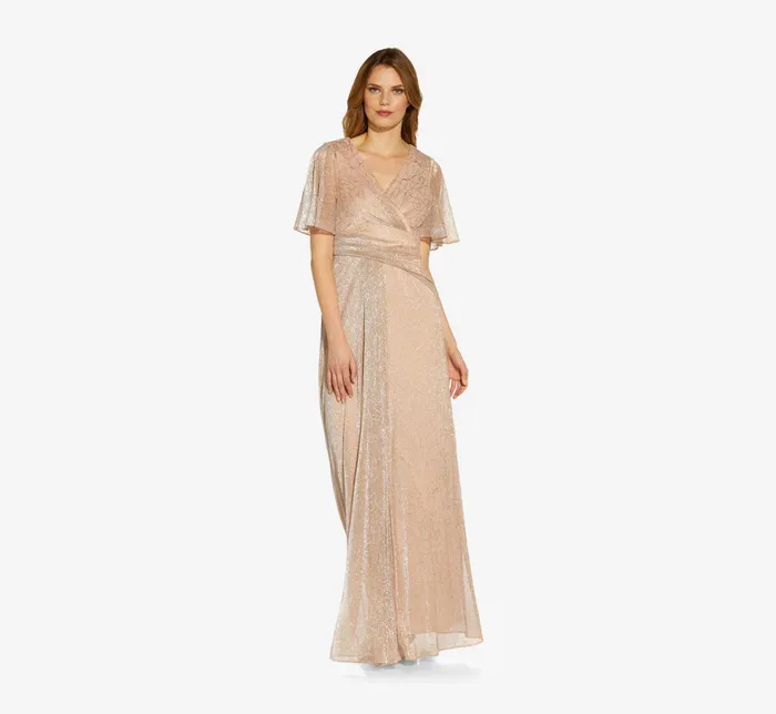 Adrianna Papell Plus Size Metallic Mesh Draped Gown In Rose Gold Rose Gold Women Long Dresses Adrianna Papell Plus Size Metallic Mesh Draped Gown In Rose Gold Rose Gold Women Long Dresses
