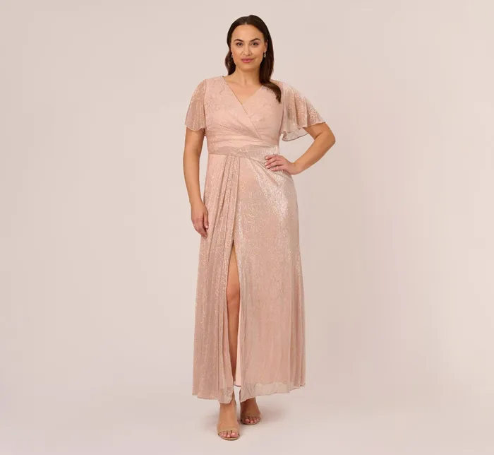 Adrianna Papell Plus Size Metallic Mesh Draped Gown In Rose Gold Rose Gold Women Long Dresses Adrianna Papell Plus Size Metallic Mesh Draped Gown In Rose Gold Rose Gold Women Long Dresses