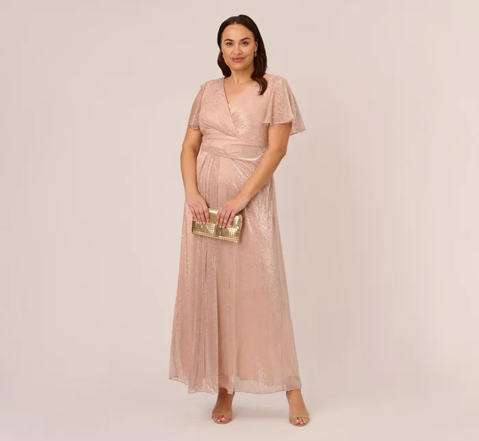 Adrianna Papell Plus Size Metallic Mesh Draped Gown In Rose Gold Rose Gold Women Long Dresses Adrianna Papell Plus Size Metallic Mesh Draped Gown In Rose Gold Rose Gold Women Long Dresses