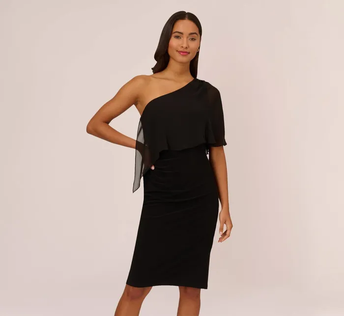 Adrianna Papell Plus Size One Shoulder Dress With Chiffon Cape In Black Black Women Day Dresses Adrianna Papell Plus Size One Shoulder Dress With Chiffon Cape In Black Black Women Day Dresses