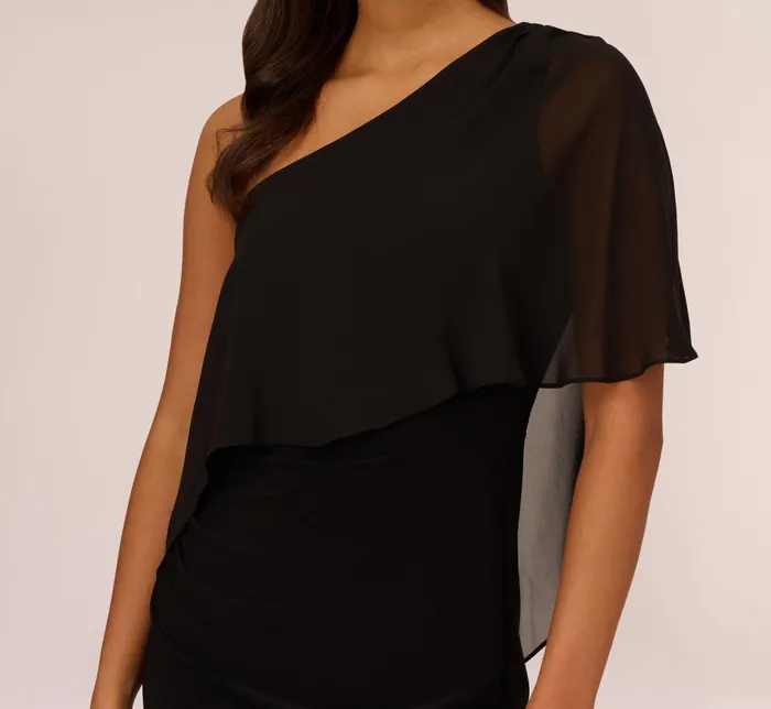 Adrianna Papell Plus Size One Shoulder Dress With Chiffon Cape In Black Black Women Day Dresses Adrianna Papell Plus Size One Shoulder Dress With Chiffon Cape In Black Black Women Day Dresses