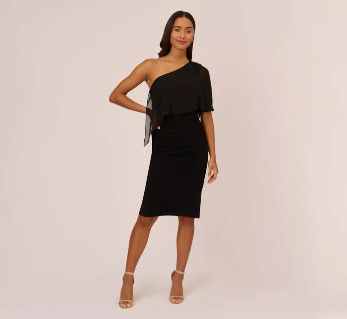 Adrianna Papell Plus Size One Shoulder Dress With Chiffon Cape In Black Black Women Day Dresses Adrianna Papell Plus Size One Shoulder Dress With Chiffon Cape In Black Black Women Day Dresses
