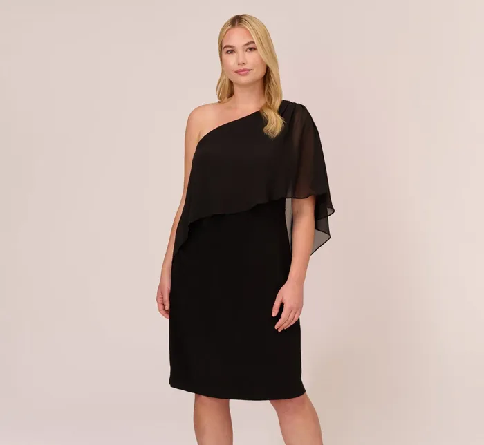 Adrianna Papell Plus Size One Shoulder Dress With Chiffon Cape In Black Black Women Day Dresses Adrianna Papell Plus Size One Shoulder Dress With Chiffon Cape In Black Black Women Day Dresses
