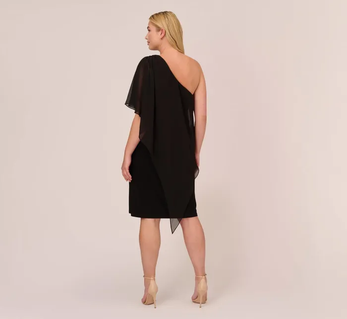 Adrianna Papell Plus Size One Shoulder Dress With Chiffon Cape In Black Black Women Day Dresses Adrianna Papell Plus Size One Shoulder Dress With Chiffon Cape In Black Black Women Day Dresses