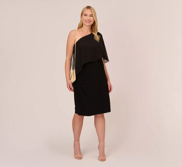 Adrianna Papell Plus Size One Shoulder Dress With Chiffon Cape In Black Black Women Day Dresses Adrianna Papell Plus Size One Shoulder Dress With Chiffon Cape In Black Black Women Day Dresses
