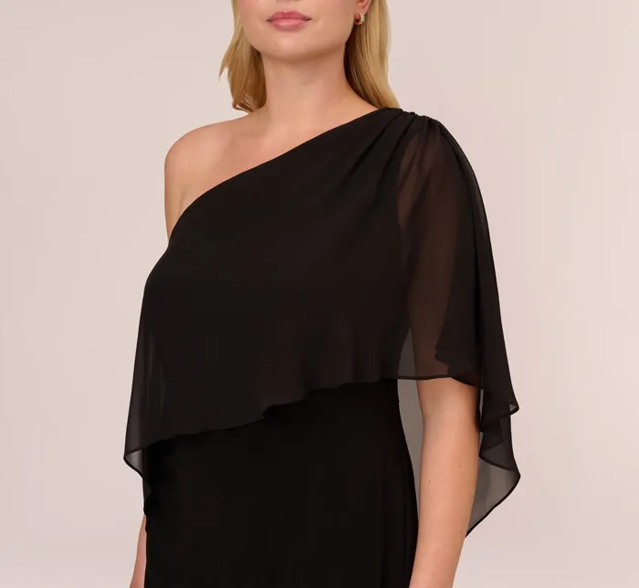 Adrianna Papell Plus Size One Shoulder Dress With Chiffon Cape In Black Black Women Day Dresses Adrianna Papell Plus Size One Shoulder Dress With Chiffon Cape In Black Black Women Day Dresses