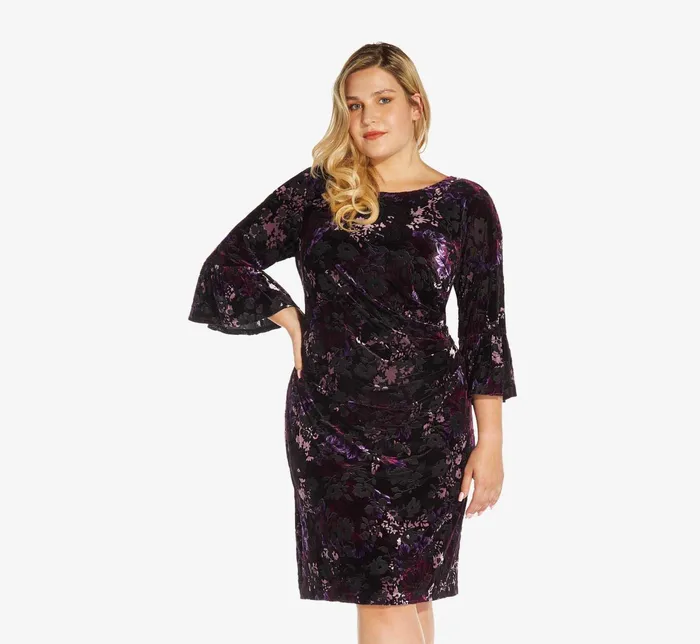 Adrianna Papell Plus Size Printed Velvet Sheath Dress With Bell Sleeves In Purple Multi Purple Multi Women Day Dresses