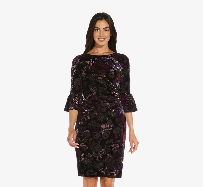 Adrianna Papell Plus Size Printed Velvet Sheath Dress With Bell Sleeves In Purple Multi Purple Multi Women Day Dresses Adrianna Papell Plus Size Printed Velvet Sheath Dress With Bell Sleeves In Purple Multi Purple Multi Women Day Dresses