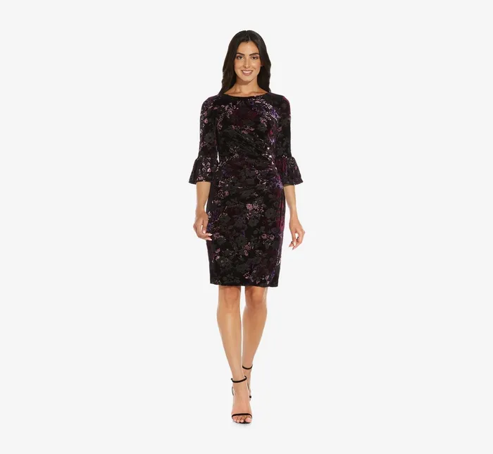 Adrianna Papell Plus Size Printed Velvet Sheath Dress With Bell Sleeves In Purple Multi Purple Multi Women Day Dresses Adrianna Papell Plus Size Printed Velvet Sheath Dress With Bell Sleeves In Purple Multi Purple Multi Women Day Dresses