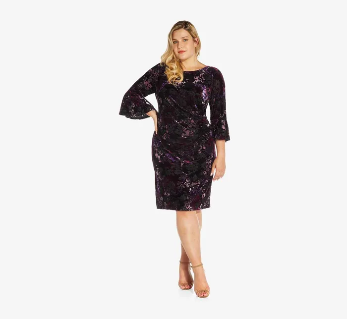Adrianna Papell Plus Size Printed Velvet Sheath Dress With Bell Sleeves In Purple Multi Purple Multi Women Day Dresses Adrianna Papell Plus Size Printed Velvet Sheath Dress With Bell Sleeves In Purple Multi Purple Multi Women Day Dresses