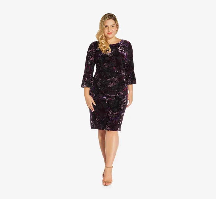 Adrianna Papell Plus Size Printed Velvet Sheath Dress With Bell Sleeves In Purple Multi Purple Multi Women Day Dresses Adrianna Papell Plus Size Printed Velvet Sheath Dress With Bell Sleeves In Purple Multi Purple Multi Women Day Dresses