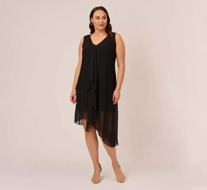 Adrianna Papell Plus Size Sleeveless Chiffon Dress With Cascading Details In Black Black Women Short Dresses Adrianna Papell Plus Size Sleeveless Chiffon Dress With Cascading Details In Black Black Women Short Dresses