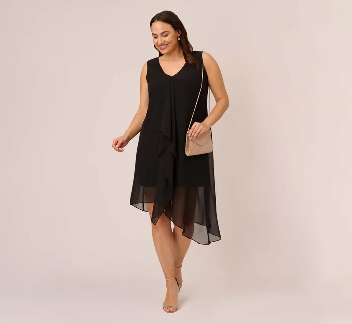 Adrianna Papell Plus Size Sleeveless Chiffon Dress With Cascading Details In Black Black Women Short Dresses Adrianna Papell Plus Size Sleeveless Chiffon Dress With Cascading Details In Black Black Women Short Dresses