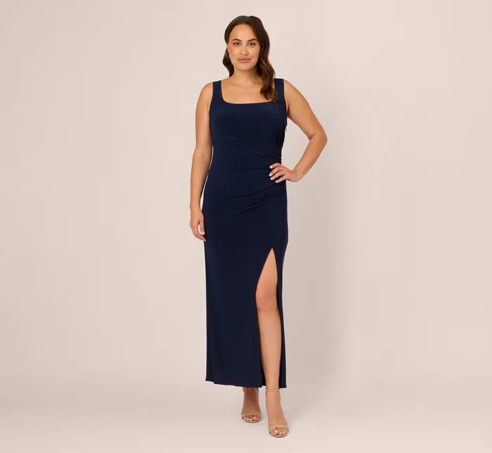 Adrianna Papell Plus Size Sleeveless Jersey Gown With Embellished Lace Cowl Back In Midnight Midnight Women Long Dresses Adrianna Papell Plus Size Sleeveless Jersey Gown With Embellished Lace Cowl Back In Midnight Midnight Women Long Dresses