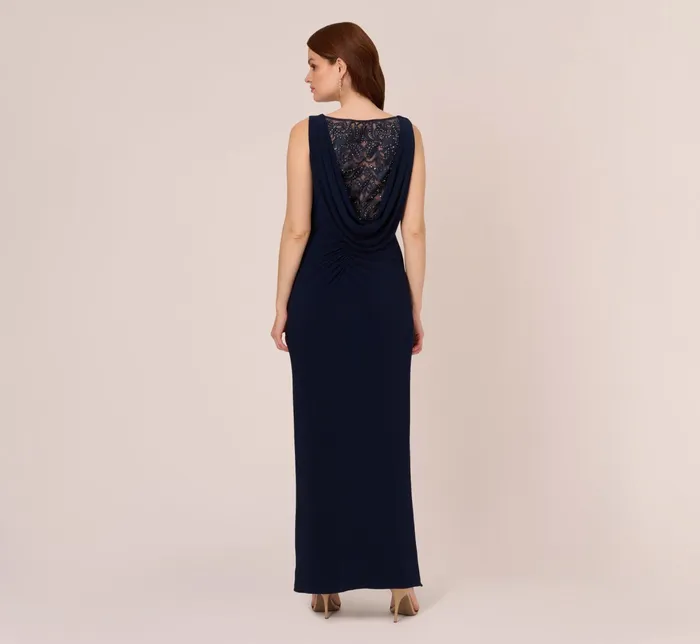 Adrianna Papell Plus Size Sleeveless Jersey Gown With Embellished Lace Cowl Back In Midnight Midnight Women Long Dresses Adrianna Papell Plus Size Sleeveless Jersey Gown With Embellished Lace Cowl Back In Midnight Midnight Women Long Dresses