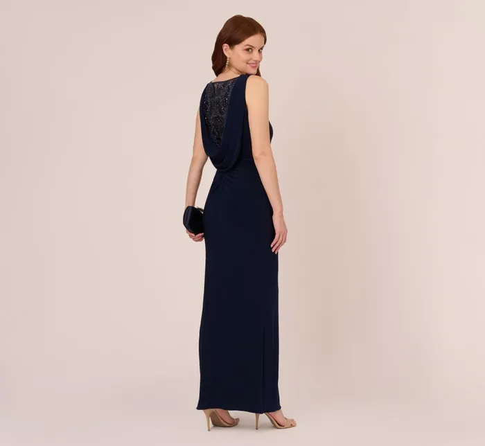 Adrianna Papell Plus Size Sleeveless Jersey Gown With Embellished Lace Cowl Back In Midnight Midnight Women Long Dresses Adrianna Papell Plus Size Sleeveless Jersey Gown With Embellished Lace Cowl Back In Midnight Midnight Women Long Dresses