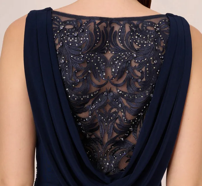 Adrianna Papell Plus Size Sleeveless Jersey Gown With Embellished Lace Cowl Back In Midnight Midnight Women Long Dresses Adrianna Papell Plus Size Sleeveless Jersey Gown With Embellished Lace Cowl Back In Midnight Midnight Women Long Dresses
