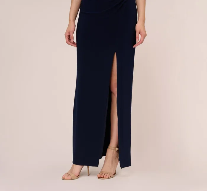 Adrianna Papell Plus Size Sleeveless Jersey Gown With Embellished Lace Cowl Back In Midnight Midnight Women Long Dresses Adrianna Papell Plus Size Sleeveless Jersey Gown With Embellished Lace Cowl Back In Midnight Midnight Women Long Dresses