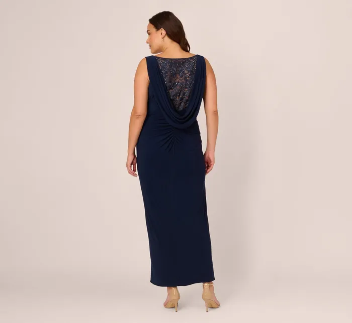 Adrianna Papell Plus Size Sleeveless Jersey Gown With Embellished Lace Cowl Back In Midnight Midnight Women Long Dresses Adrianna Papell Plus Size Sleeveless Jersey Gown With Embellished Lace Cowl Back In Midnight Midnight Women Long Dresses