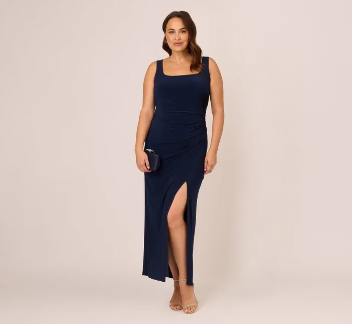 Adrianna Papell Plus Size Sleeveless Jersey Gown With Embellished Lace Cowl Back In Midnight Midnight Women Long Dresses Adrianna Papell Plus Size Sleeveless Jersey Gown With Embellished Lace Cowl Back In Midnight Midnight Women Long Dresses