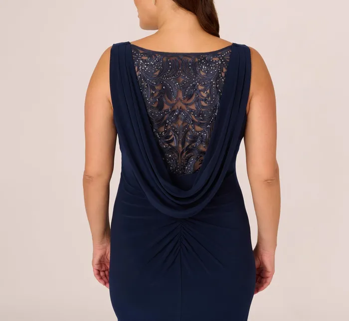 Adrianna Papell Plus Size Sleeveless Jersey Gown With Embellished Lace Cowl Back In Midnight Midnight Women Long Dresses Adrianna Papell Plus Size Sleeveless Jersey Gown With Embellished Lace Cowl Back In Midnight Midnight Women Long Dresses
