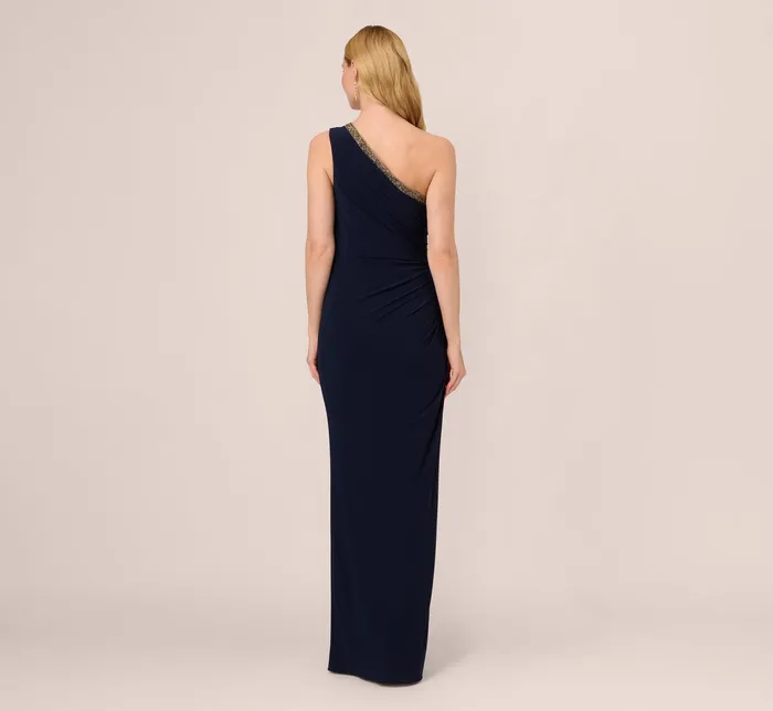 Adrianna Papell Ruched One Shoulder Dress With Beaded Detail In Midnight Midnight Women Long Dresses Adrianna Papell Ruched One Shoulder Dress With Beaded Detail In Midnight Midnight Women Long Dresses