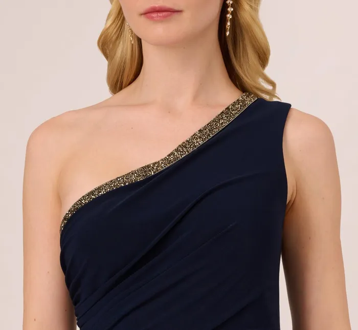 Adrianna Papell Ruched One Shoulder Dress With Beaded Detail In Midnight Midnight Women Long Dresses Adrianna Papell Ruched One Shoulder Dress With Beaded Detail In Midnight Midnight Women Long Dresses