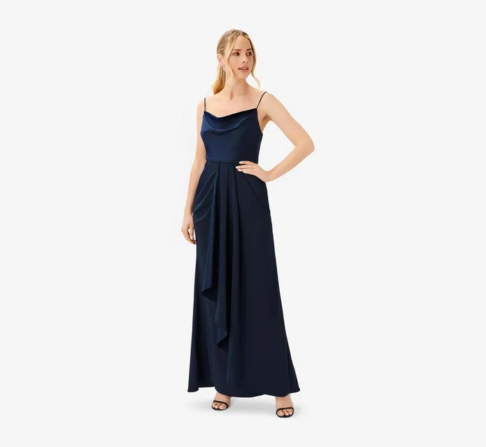 Adrianna Papell Satin Crepe Cowl Neck Long Draped Gown In Dark Navy Dark Navy Women Long Dresses Adrianna Papell Satin Crepe Cowl Neck Long Draped Gown In Dark Navy Dark Navy Women Long Dresses