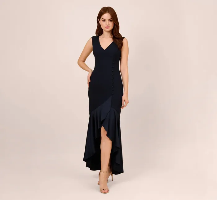 Adrianna Papell Satin Crepe HighLow Gown With Button Details In Dark Navy Dark Navy Women Long Dresses Adrianna Papell Satin Crepe HighLow Gown With Button Details In Dark Navy Dark Navy Women Long Dresses