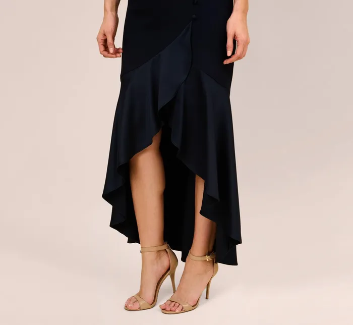 Adrianna Papell Satin Crepe HighLow Gown With Button Details In Dark Navy Dark Navy Women Long Dresses Adrianna Papell Satin Crepe HighLow Gown With Button Details In Dark Navy Dark Navy Women Long Dresses