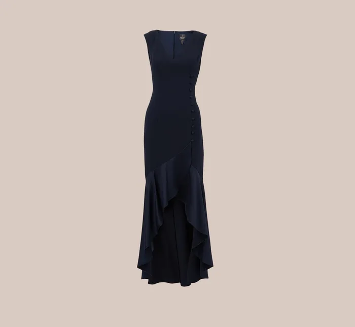 Adrianna Papell Satin Crepe HighLow Gown With Button Details In Dark Navy Dark Navy Women Long Dresses Adrianna Papell Satin Crepe HighLow Gown With Button Details In Dark Navy Dark Navy Women Long Dresses