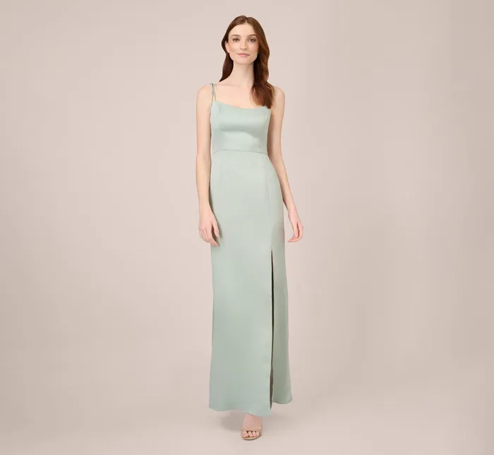 Adrianna Papell Satin Crepe Long Gown In Willow Willow Women Long Dresses