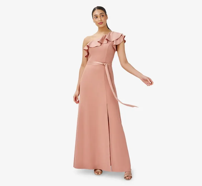 Adrianna Papell Satin Crepe OneShoulder Ruffled Long Gown In Toffee Toffee Women Long Dresses Adrianna Papell Satin Crepe OneShoulder Ruffled Long Gown In Toffee Toffee Women Long Dresses