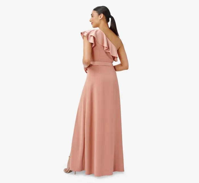 Adrianna Papell Satin Crepe OneShoulder Ruffled Long Gown In Toffee Toffee Women Long Dresses Adrianna Papell Satin Crepe OneShoulder Ruffled Long Gown In Toffee Toffee Women Long Dresses