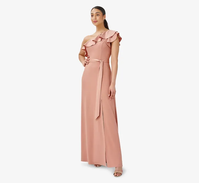 Adrianna Papell Satin Crepe OneShoulder Ruffled Long Gown In Toffee Toffee Women Long Dresses Adrianna Papell Satin Crepe OneShoulder Ruffled Long Gown In Toffee Toffee Women Long Dresses