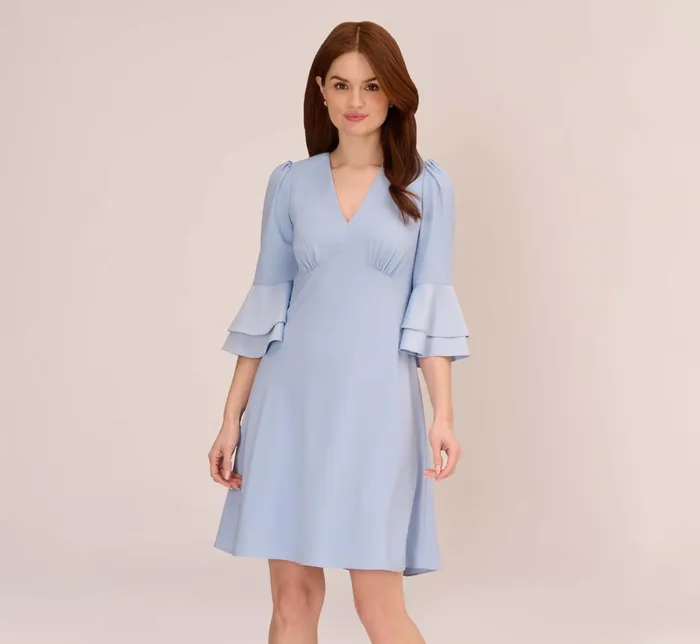 Adrianna Papell Satin Crepe Short FitAndFlare Dress With Tiered Bell Sleeves In Elegant Sky Elegant Sky Women Day Dresses Adrianna Papell Satin Crepe Short FitAndFlare Dress With Tiered Bell Sleeves In Elegant Sky Elegant Sky Women Day Dresses