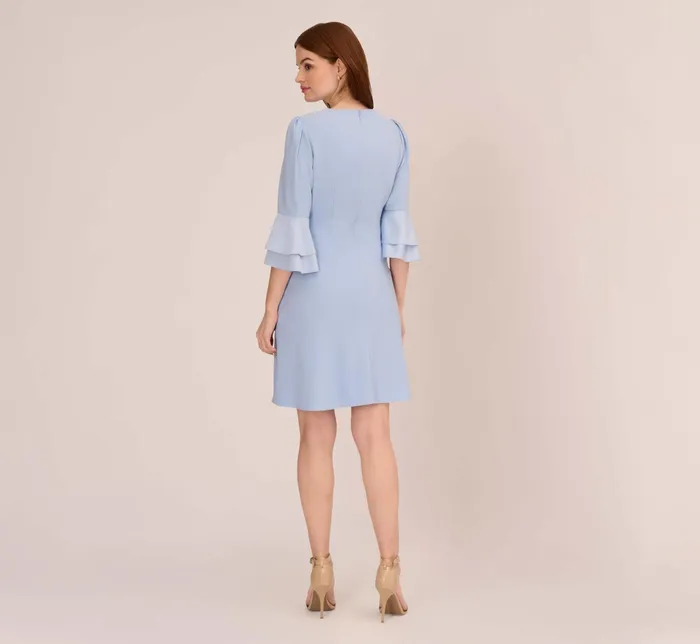 Adrianna Papell Satin Crepe Short FitAndFlare Dress With Tiered Bell Sleeves In Elegant Sky Elegant Sky Women Day Dresses Adrianna Papell Satin Crepe Short FitAndFlare Dress With Tiered Bell Sleeves In Elegant Sky Elegant Sky Women Day Dresses