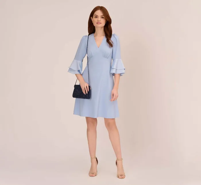 Adrianna Papell Satin Crepe Short FitAndFlare Dress With Tiered Bell Sleeves In Elegant Sky Elegant Sky Women Day Dresses Adrianna Papell Satin Crepe Short FitAndFlare Dress With Tiered Bell Sleeves In Elegant Sky Elegant Sky Women Day Dresses