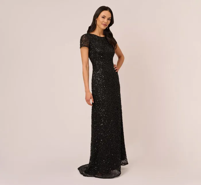 Adrianna Papell Scoop Back Sequin Gown In Black Black Women Long Dresses