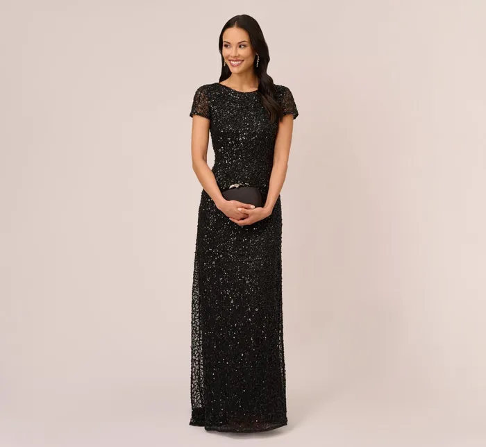 Adrianna Papell Scoop Back Sequin Gown In Black Black Women Long Dresses Adrianna Papell Scoop Back Sequin Gown In Black Black Women Long Dresses